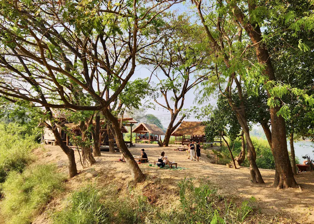 30-Day Laos Itinerary: Unveiling Southeast Asia's Hidden Gem 10 A view of Mango Bar on the riverside in Don Det. There are trees shading the area as well as bamboo platforms for people to sit on