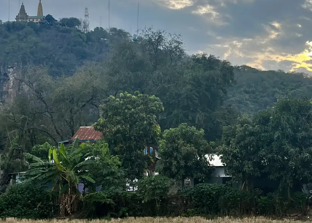 A view of a temple on a hill. There is a house hidden behind lots of trees and the landscape is very luscious and green at a homestay in Battambang