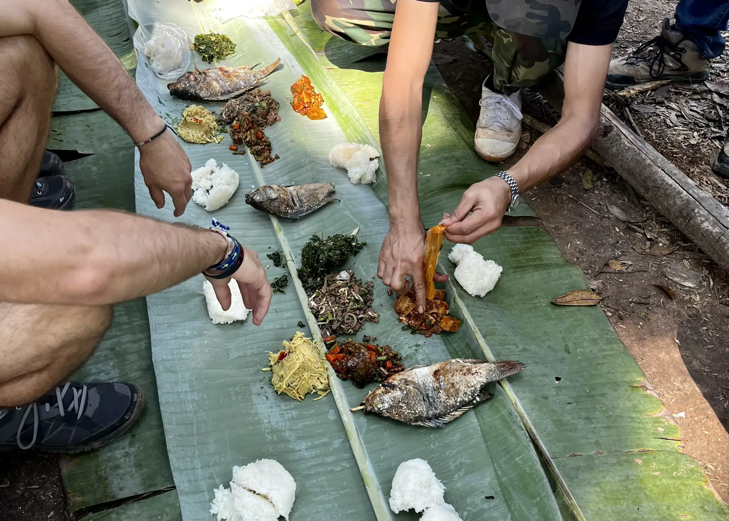A lunch made from local Lao food is served to a hiking group on banana leaves in Nam Ha National Protected Area in Luang Namtha, Laos. The lunch consists of fish cooked on a fire, sticky rice, local greens, tomato tofu and papaya salad.
