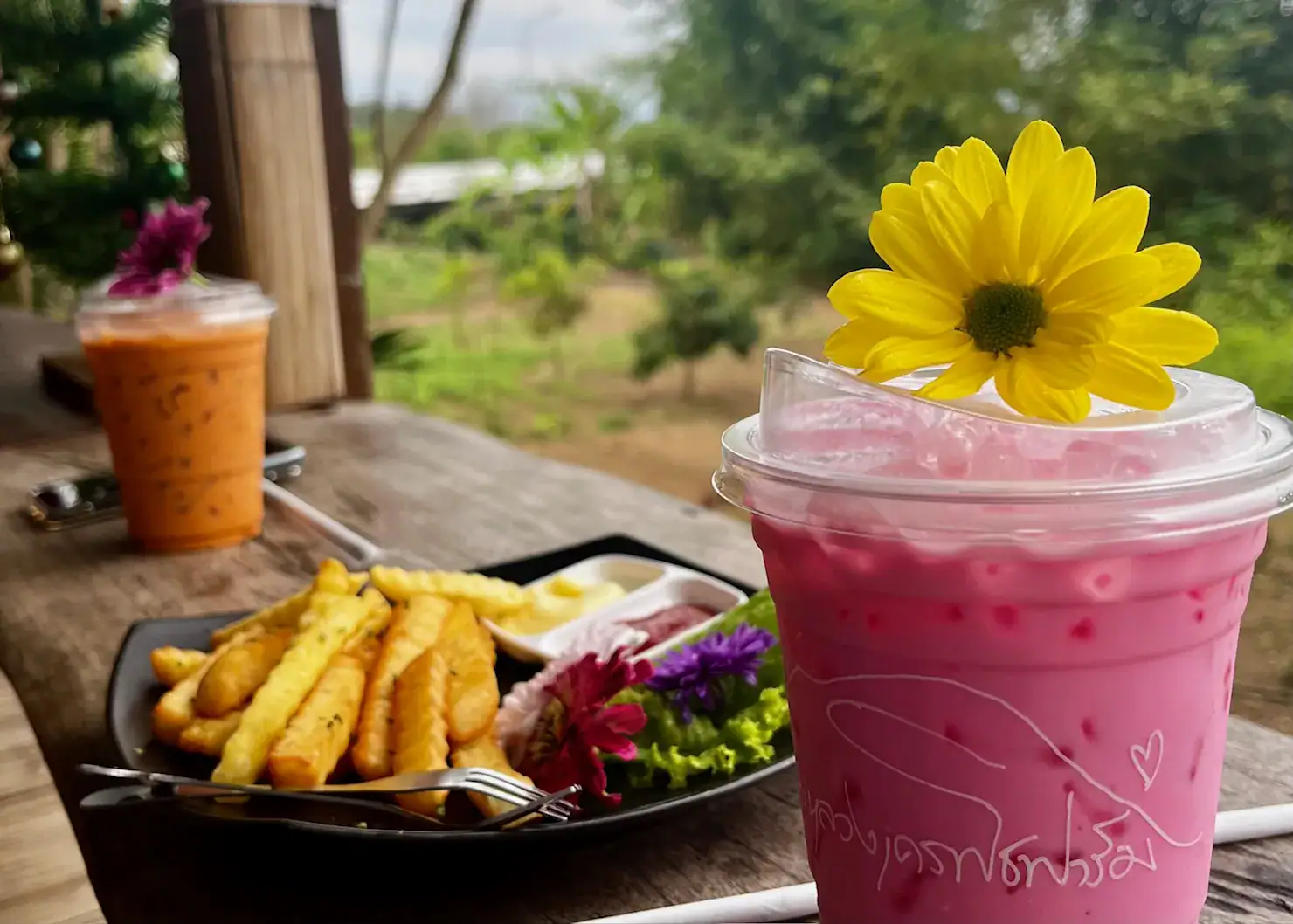 There are two drinks and a plate of food on a wooden table with greenery in the background. The drinks are Thai tea, one is red one is pink with a flower on top. The food is a plate of fries