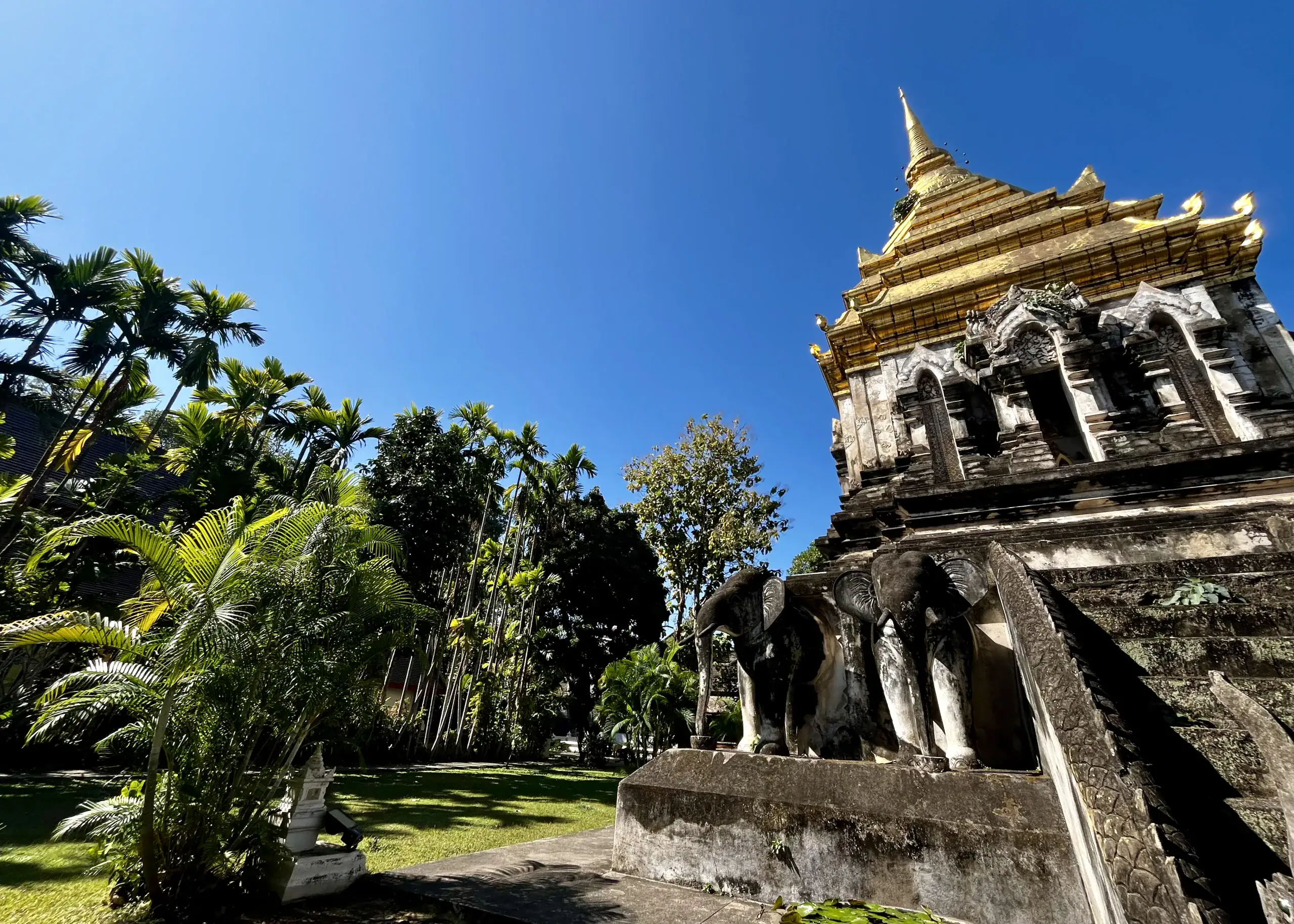 Chiang Mai or Chiang Rai: Which Is Better? 6 You can visit temples in Chiang Mai or Chiang Rai. This temple in CHiang Mai is a dark grey stone Buddhist temple with a gold roof. It is surrounded by green trees with a blue sky