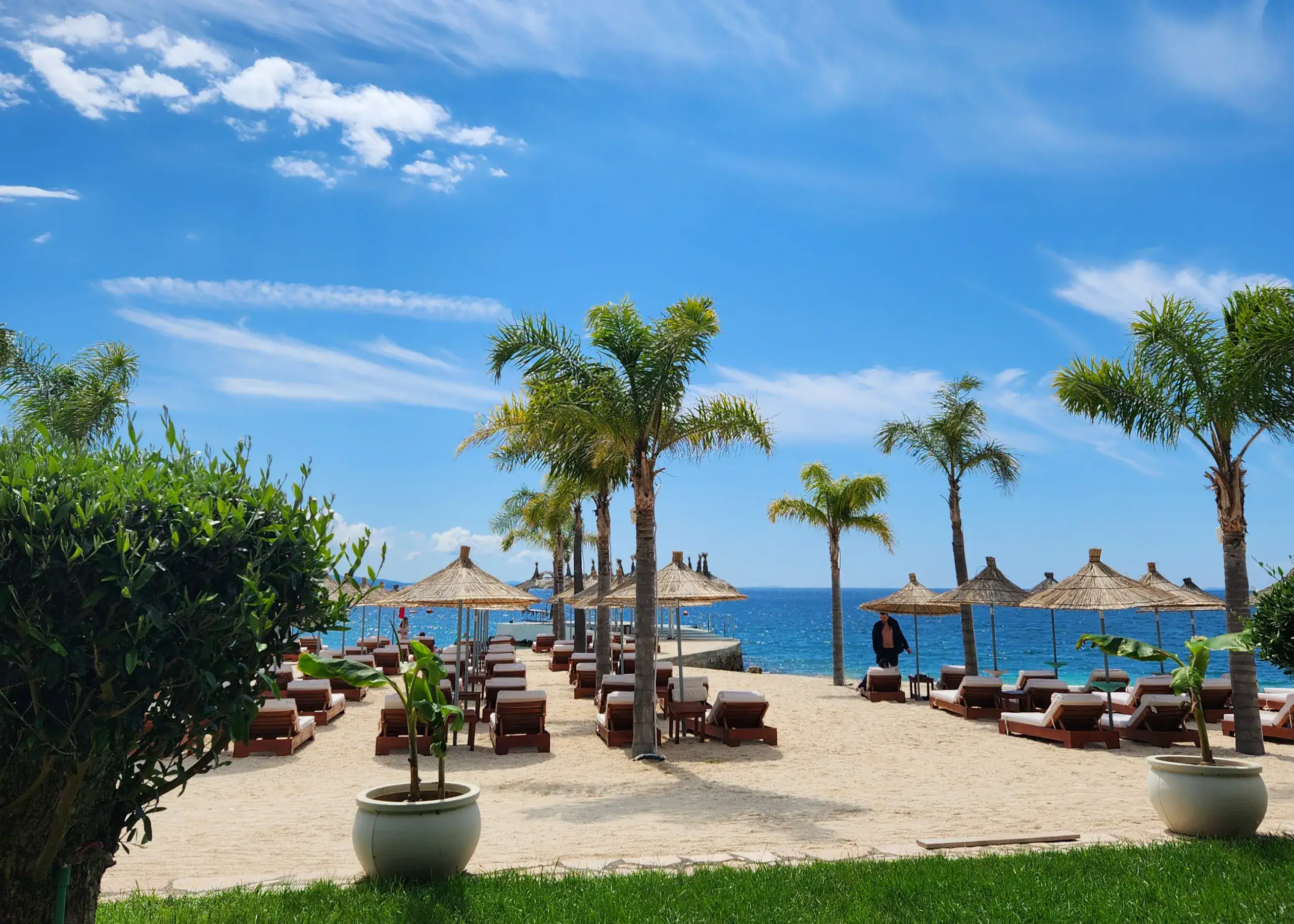 10 Days in Albania: Mountains, Beaches, and More 15 The image is taken from a beach resort in Sarande, Albania. There are rows of palm trees next to rows of sun beds with beach umbrellas. The sky is blue and the sea is in the distance
