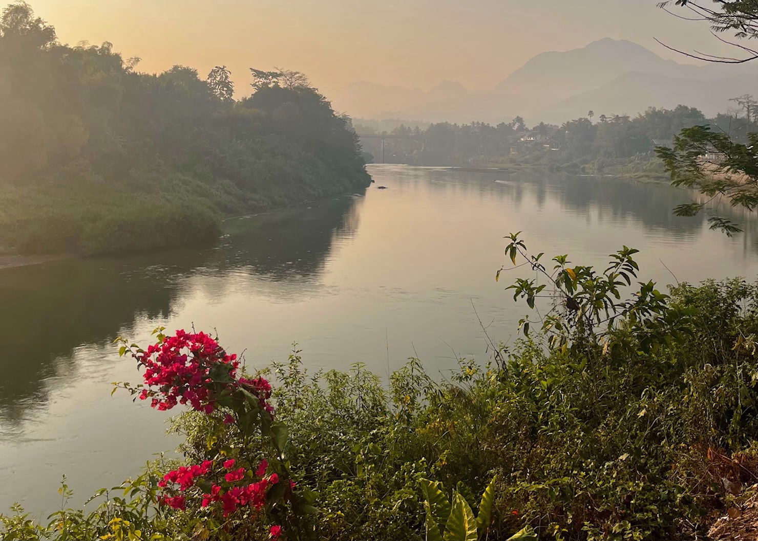Laos 1 A misty sunrise over the river in Luang Prabang, Laos. The mountains can be seen across the river and there are pink flowers in the foreground.