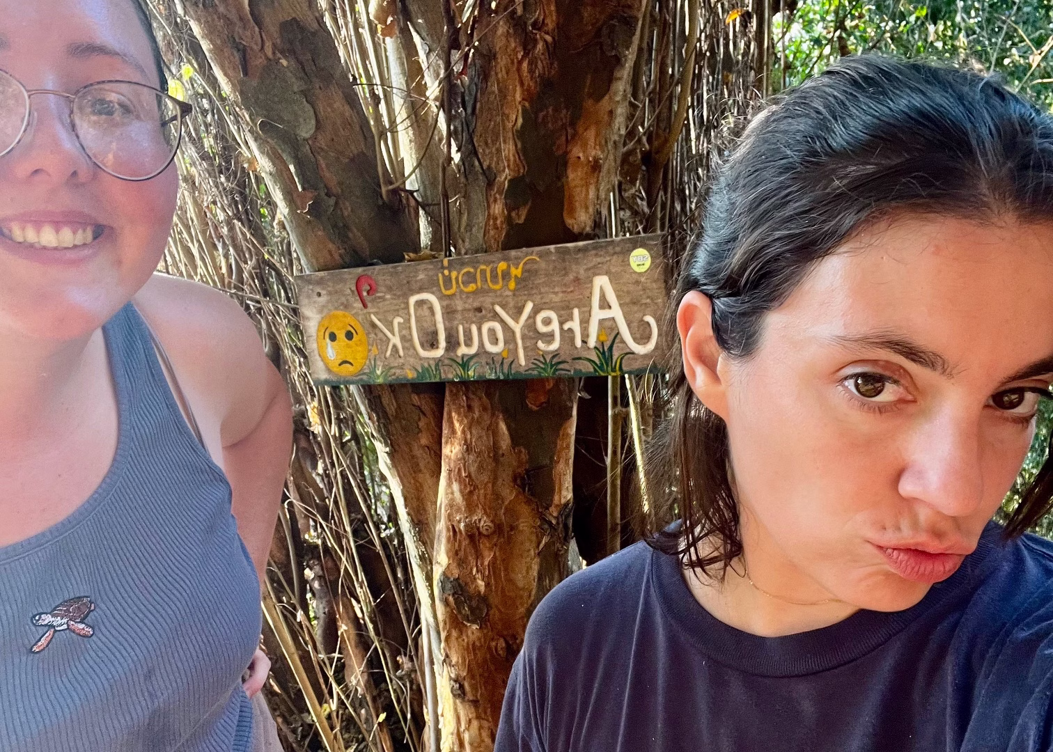 Two sweaty women are posing in front of a wooden sign on the way up to Nong Khiaw Viewpoint. the sign reads: are you ok?