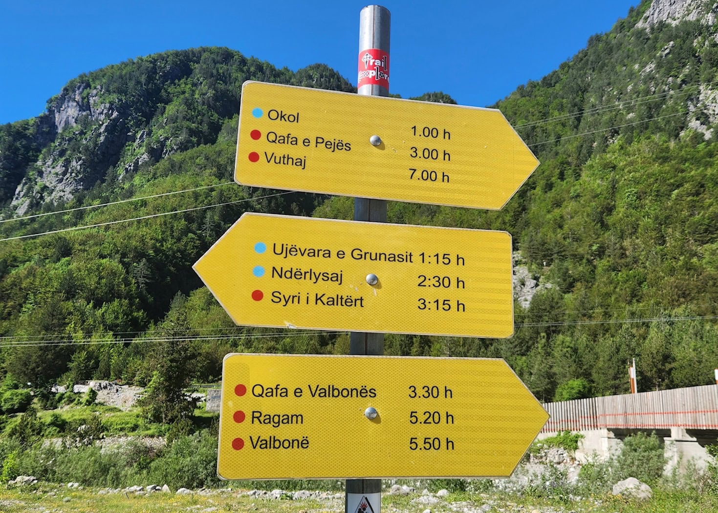 Yellow wayfinding signs point to different villages around theth, Albania.