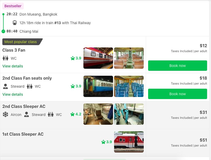 Bangkok to Chiang Mai Travel Guide — How to Get There by Train, Bus & Plane 5 A screenshot from the website 12Go Asia showing the different classes, prices, and availability for Bangkok to Chiang Mai trains.