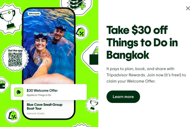 Bangkok Food Tour: Our Honest Review of Chinatown’s Best Street Eats 3 A screenshot of an ad from TripAdvisor offering $30 off things to do in Bangkok if you sign up for their app.